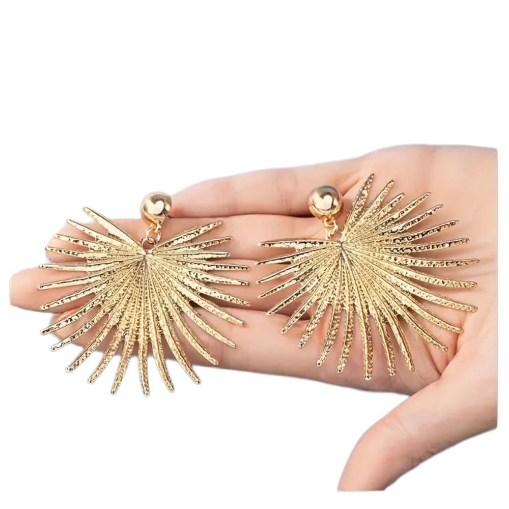 Gold Large Sized Fan Style Drop Earrings